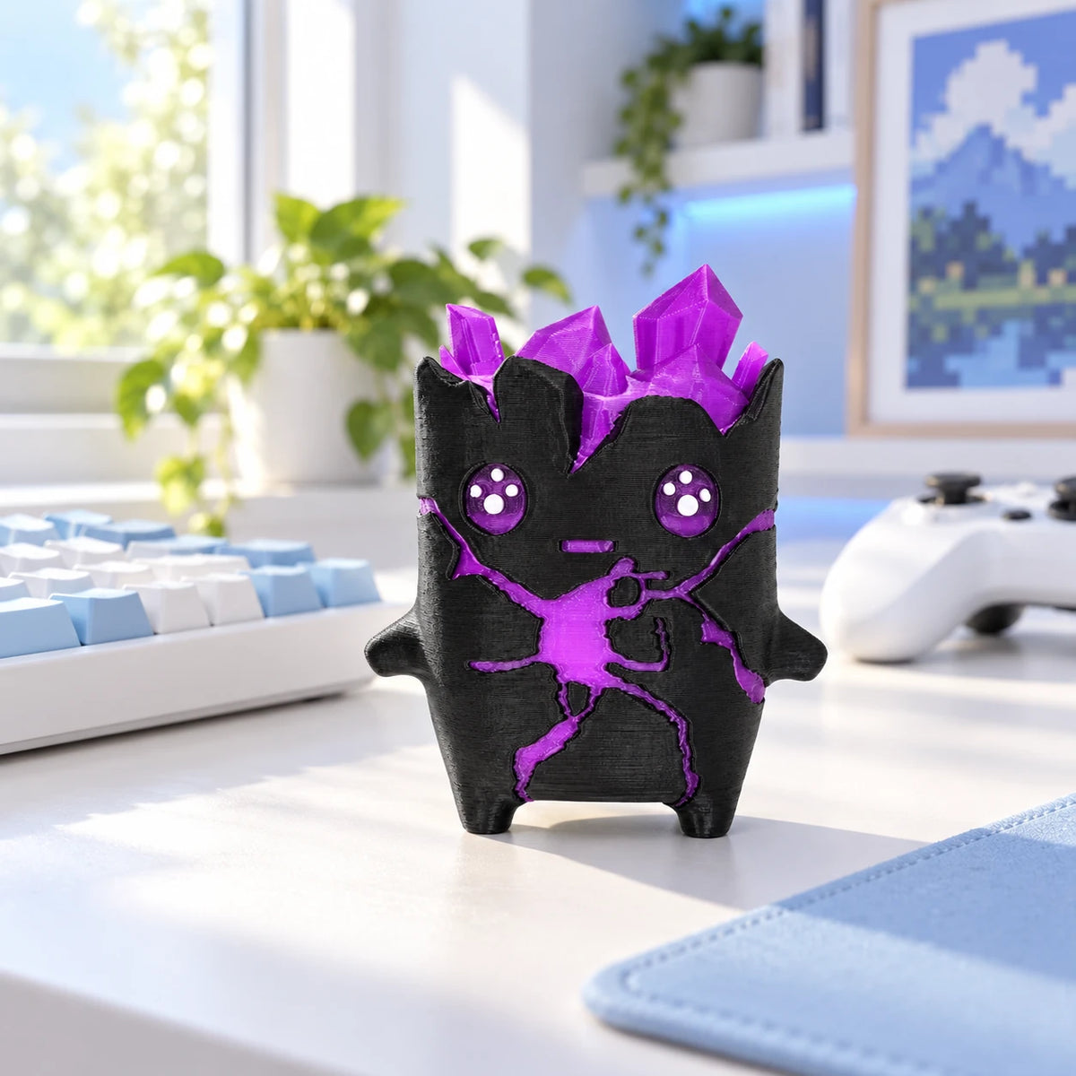 Crystal companion adding personality to a bright gaming desk