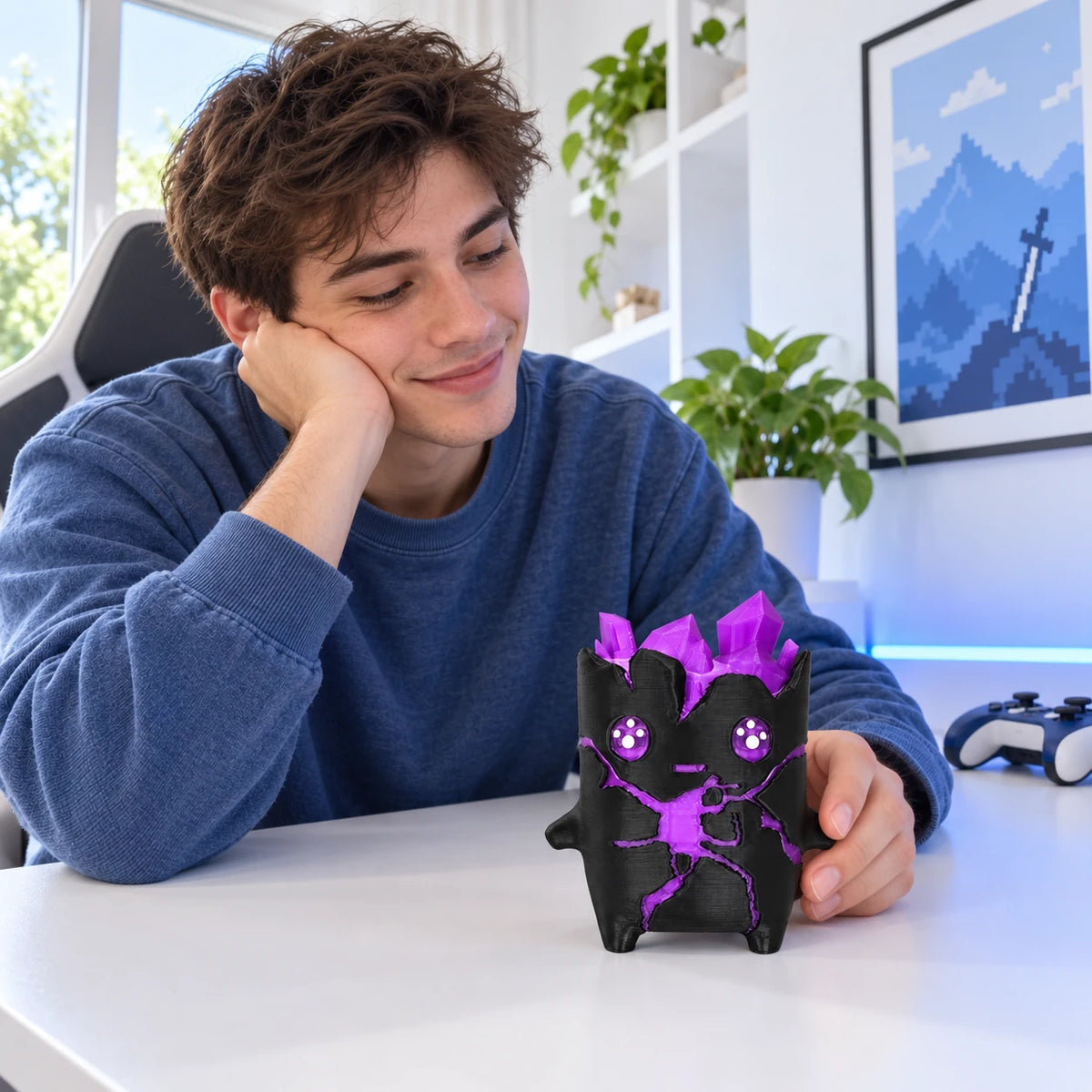 Lunevian Little Elements companion beside a gamer in a bright gaming corner