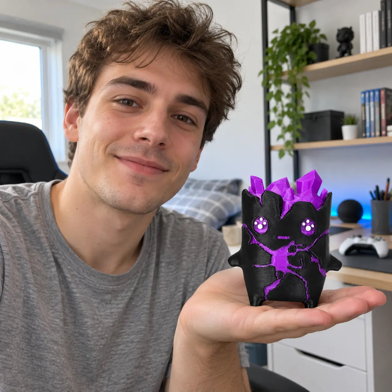 Illustrative lifestyle photo of a man holding a Crystal companion