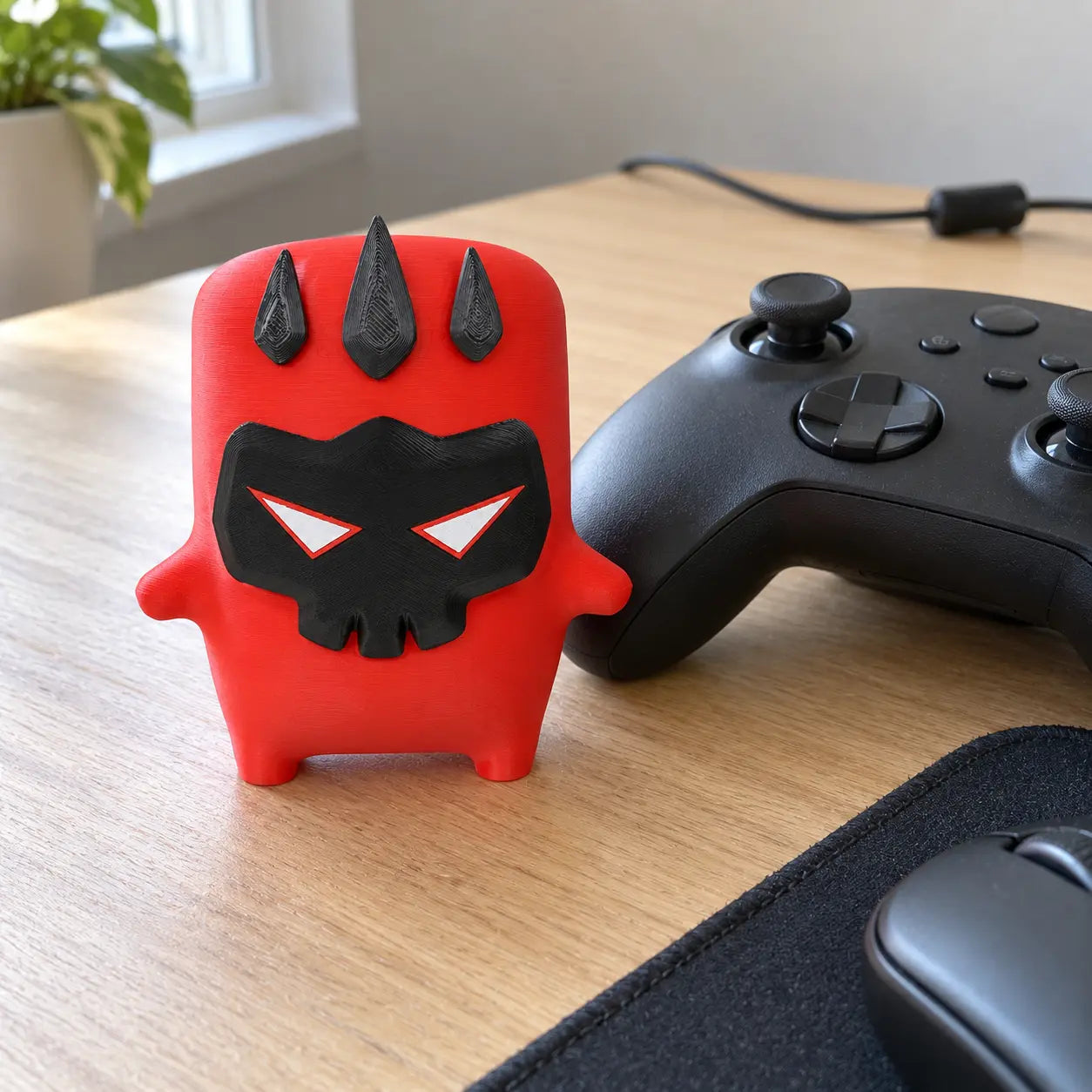 Flame companion beside a controller on a desk
