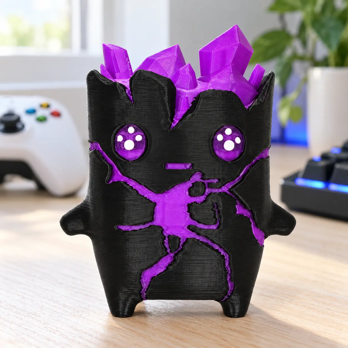 Crystal 3D-printed companion on a bright gaming desk