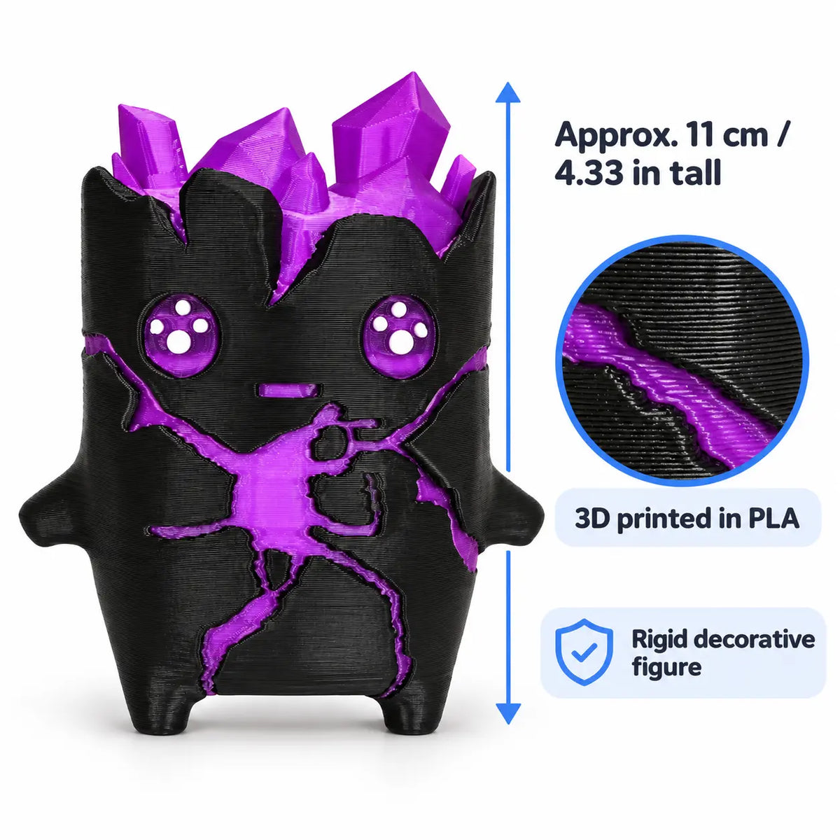 Crystal figure: approximately 11 cm tall, 3D printed in PLA, rigid decorative figure